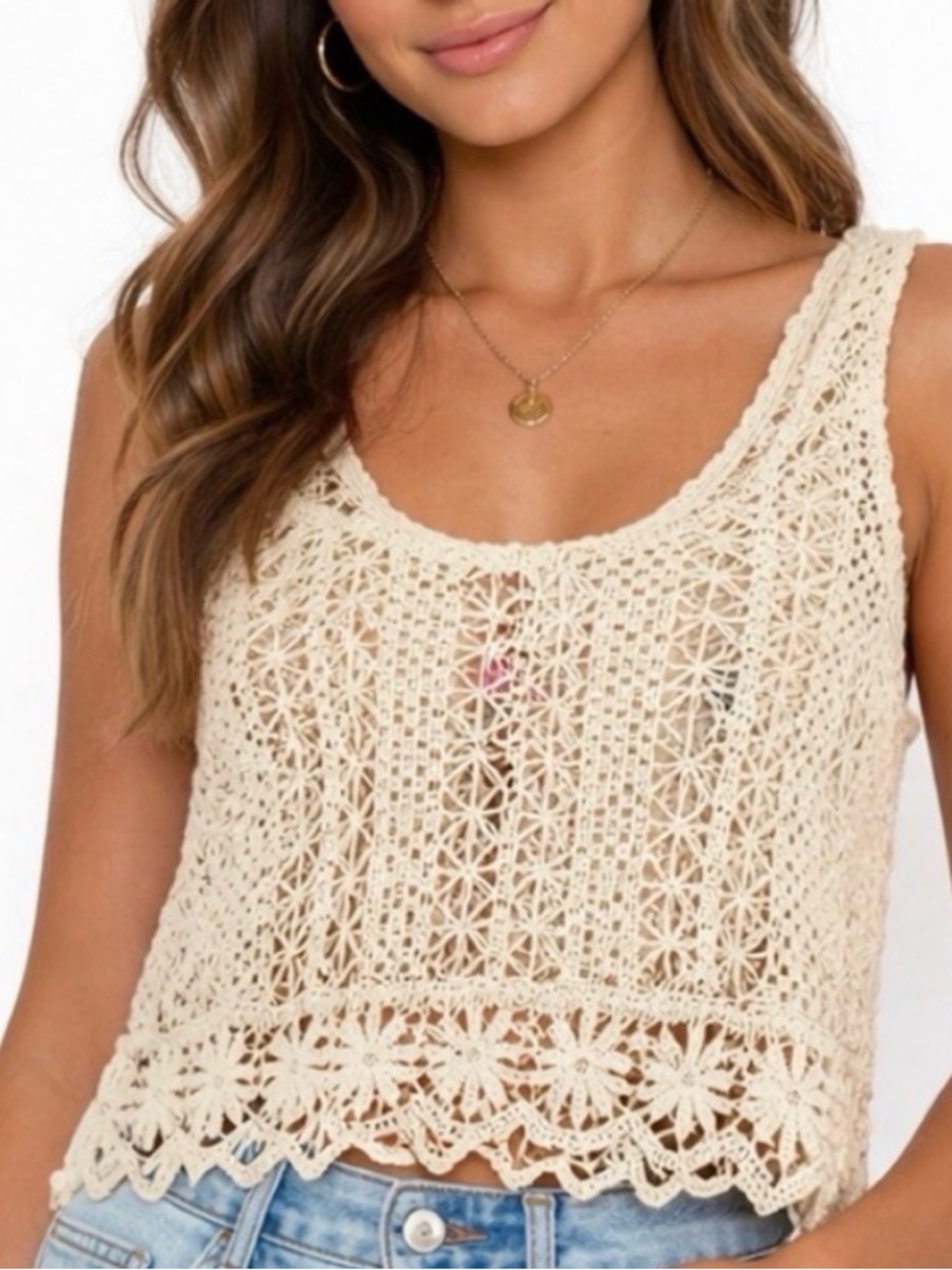 Mimi Chica Crochet Cropped Tank Top Beige Boho Festival Summer Size S